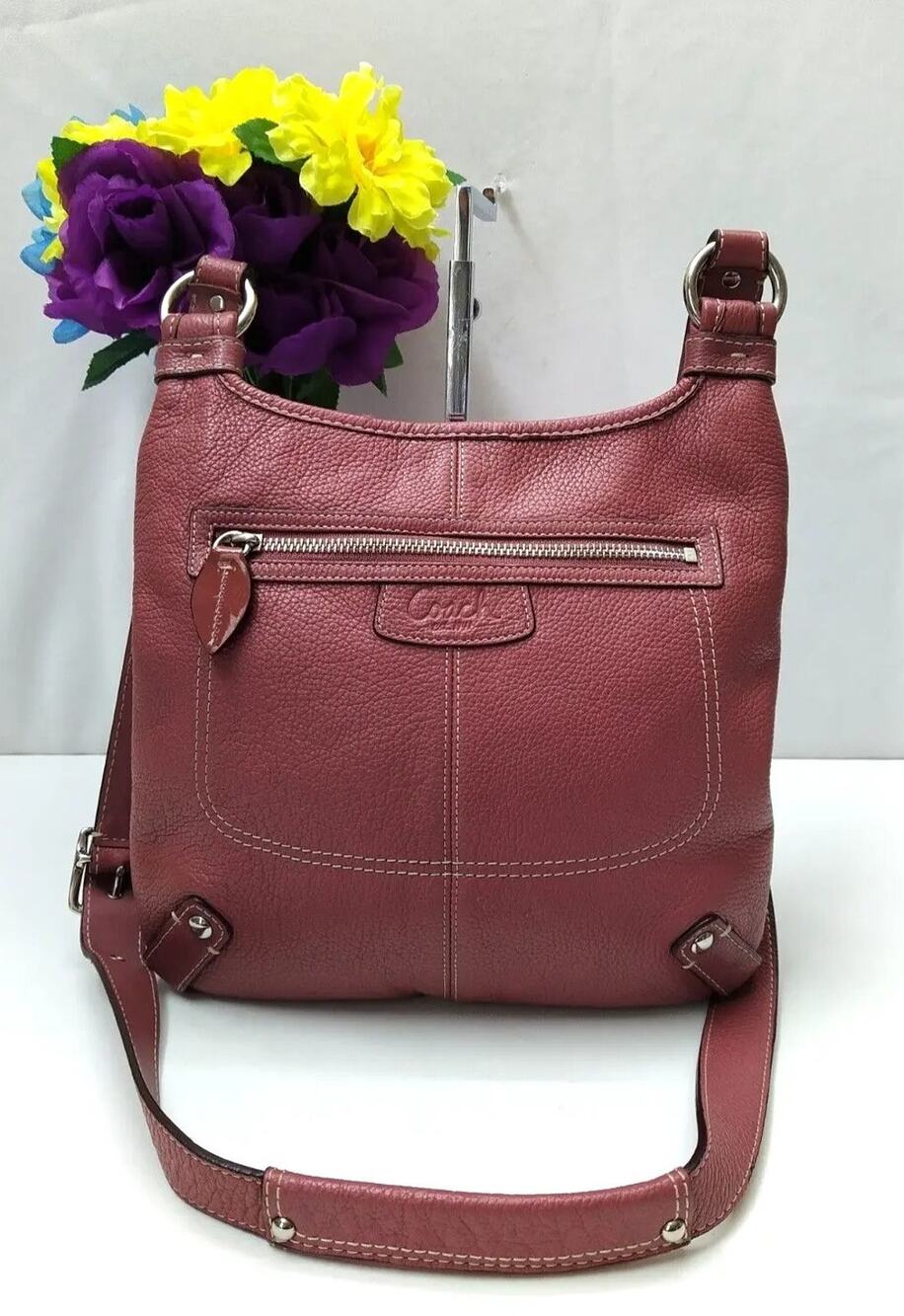 Coach Penelope Reddish Pink Pebbled Leather Zipper Crossbody Bag